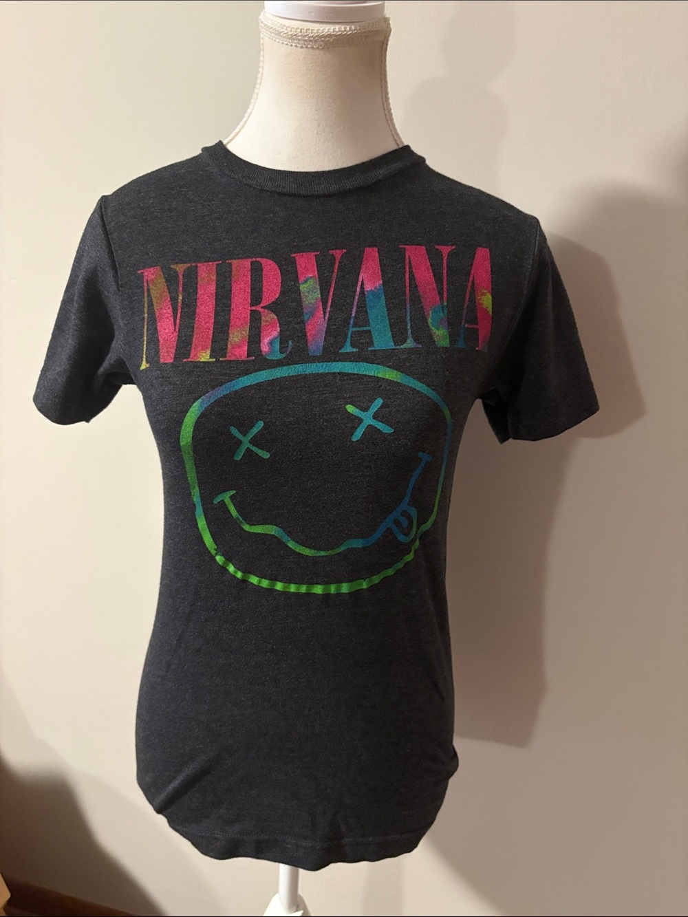 NIRVANA Gray Tee with Multicolor Tie-Dye Logo. Size XS